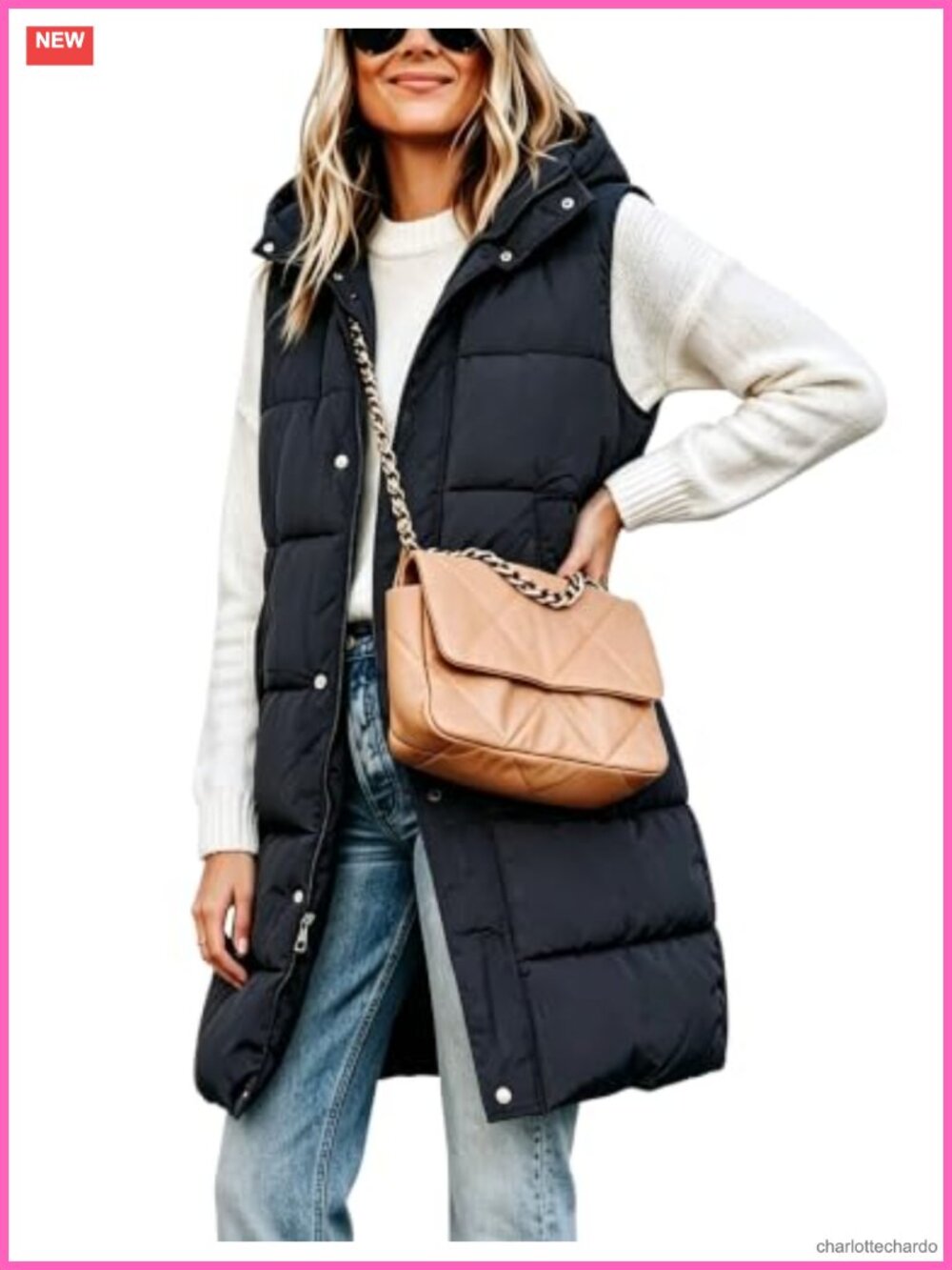 Long Puffer Vest with Removable Hood, Sleeveless Quilted, Cotton Shell